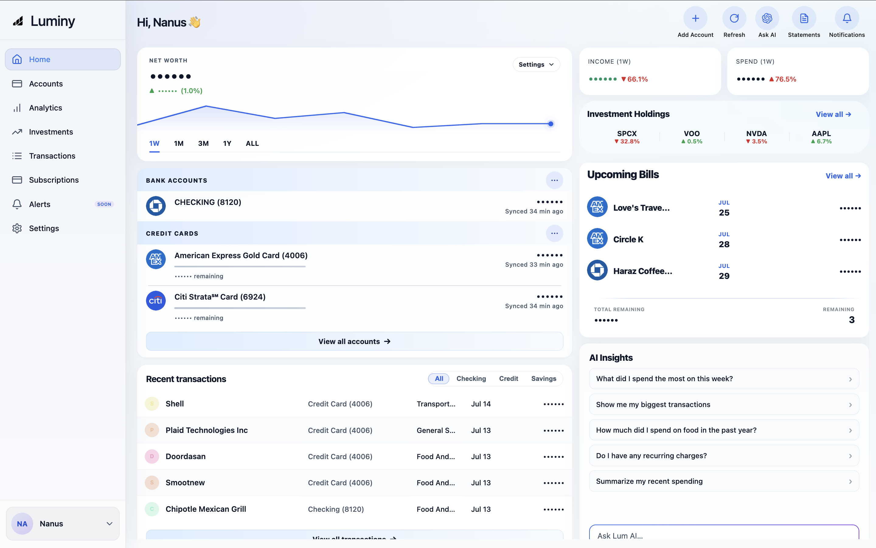 Luminy dashboard showing accounts, spending, and financial insights