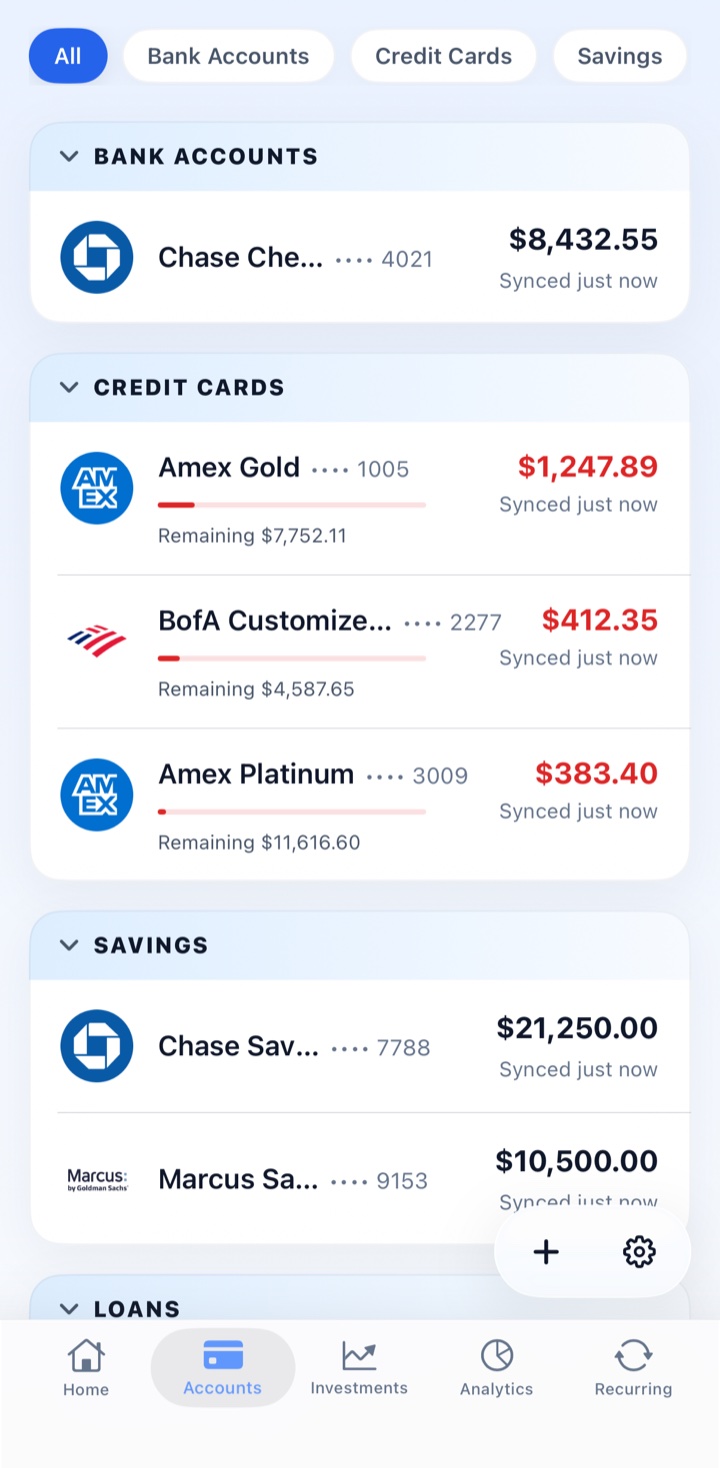 Luminy Accounts screen showing linked bank accounts and cards