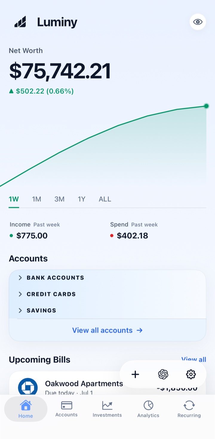 Luminy Home screen showing net worth and accounts
