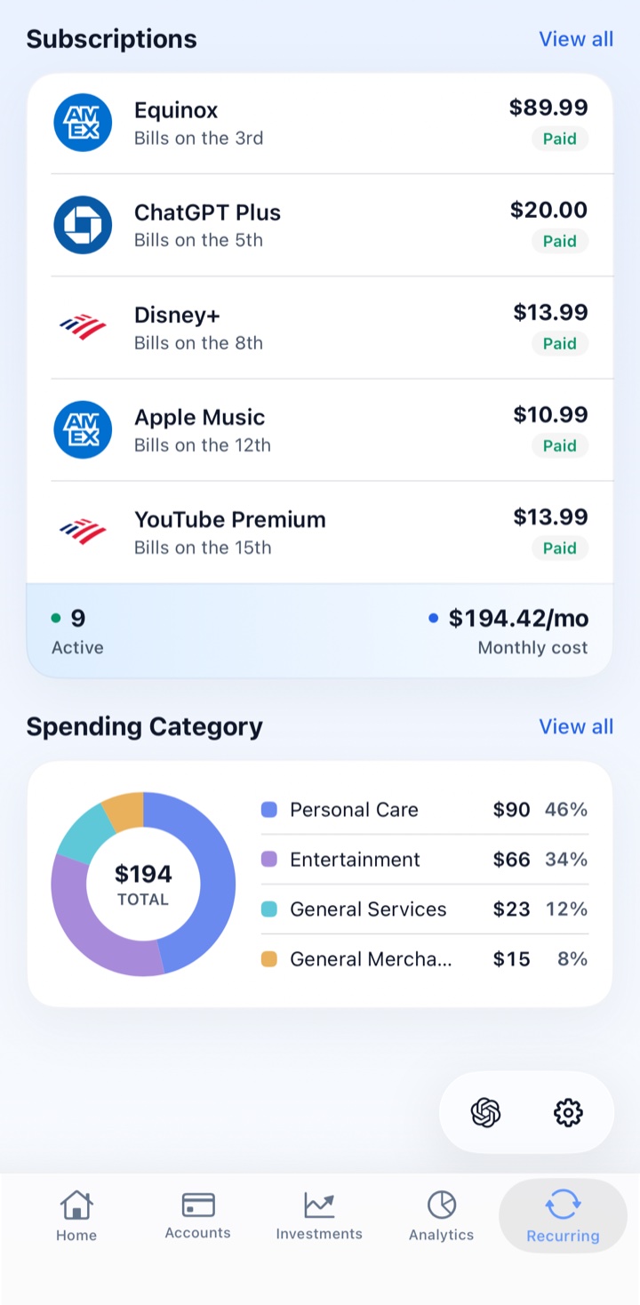 Luminy Recurring screen showing subscriptions and recurring payments